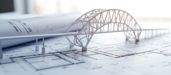 A bridge design blueprint showing architectural details and a model of an iron drawbridge