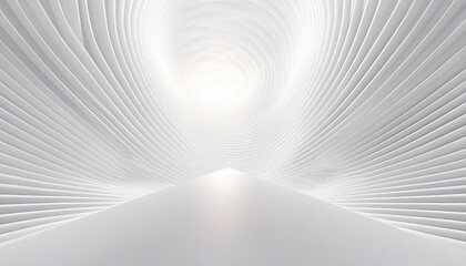 Naklejka premium Futuristic white tunnel with abstract design- 3d white background , Modern interior with white curved lines and soft lighting conveying a high-tech atmosphere