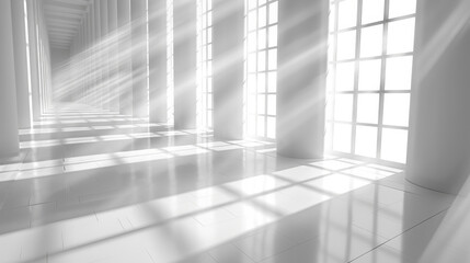 Obraz premium Bright white hallway with sunlight and shadows, Minimalistic white interior with sunlight casting shadows through large windows