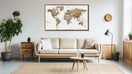 World map poster in wooden frame hanging on a white wall in living room interior with sofa, coffee...