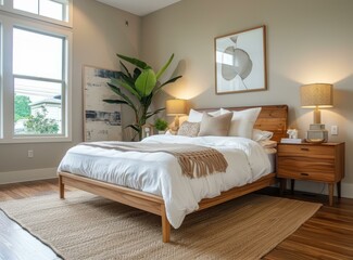 A bedroom with a large bed, a dresser, and a nightstand