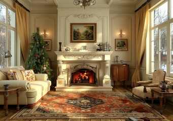 Ornate living room with fireplace and Christmas tree