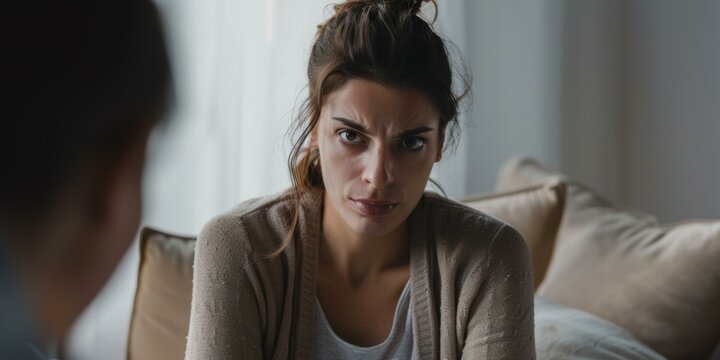 A young woman is sitting on a couch looking at another person with anger.