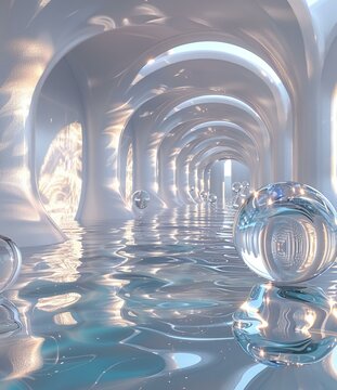 Futuristic Sci-Fi Corridor With Water and Glass Spheres