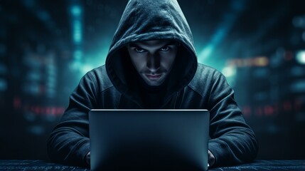 Man in black hoodie using laptop in dark room