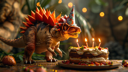 Stegosaurus with a party hat askew, blowing out candles on a cake with a funny dinosaur pun.