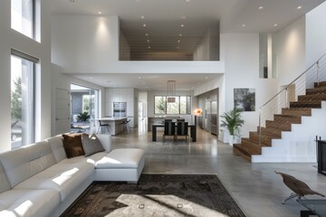 An open floor plan house with a white interior and wood staircase