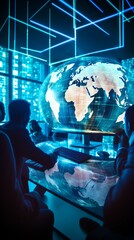 Group of people looking at a globe