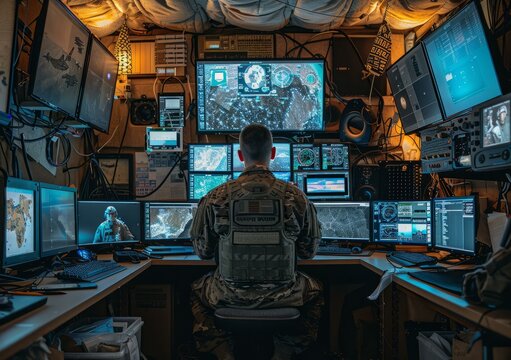 Soldier sitting in a room full of computer monitors