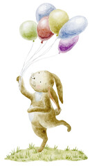 Watercolor Illustration of Cute Bunnie with Balloons.