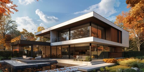 Obraz premium Modern House Exterior With Large Glass Windows And Terrace With Pool