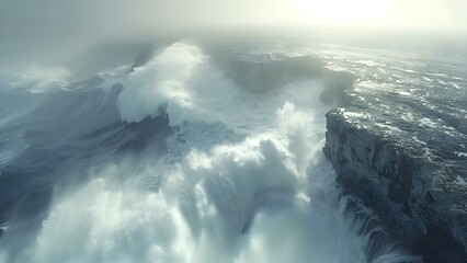 Powerful ocean waves crashing against rocky cliffs in slowmotion 4K footage. Concept Ocean Waves,...