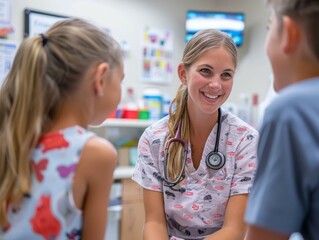 Obraz premium Young smiling female doctor with stethoscope talking to two children in a hospital room