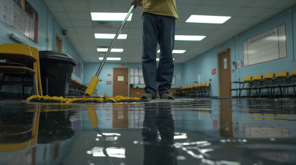 Janitor in yellow shirt cleaning classroom floor with mop and bucket beside yellow wet floor sign