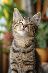 A cute tabby cat is sitting in a sunny spot and looks very pleased.