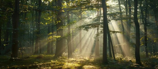 Obraz premium Sunlight filtering through the trees in a woodland.