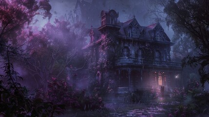 Obraz premium Eerie Victorian Gothic mansion in a dark haunted forest under a crimson sky