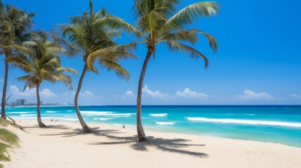 Palm trees on a beach with white sand and blue water