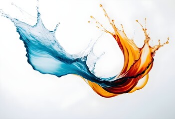 Dynamic Splash of Blue and Orange Liquid, High-Speed Photography Capturing Motion, Vibrant Colors Mixing in Air - Perfect for Backgrounds, Advertisements, and Artistic Projects