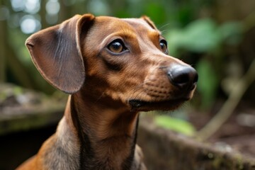 A brown dachshund dog looking away from the camera