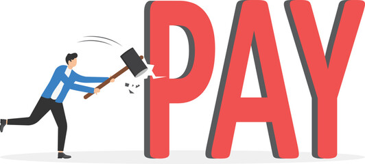 Pay cutting concept vector. Businessman cut tax word with sword


