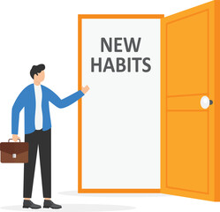 Fototapeta premium New habits for businessman. Man opens door looking for new direction. Successful businessman in suit with briefcase. Choose a new direction, make a choice concept. Vector illustration