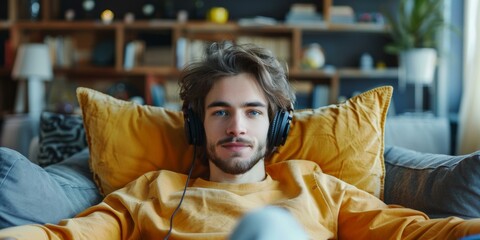 Obraz premium Relaxing at home with headphones on