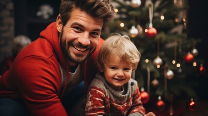 Obraz premium Happy caucasian father and son near Christmas tree