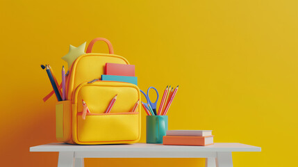 A striking yellow backpack stocked with notebooks, pencils, and a star-shaped decoration, against a plain yellow background