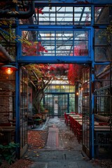 Blue glass house with red chairs and autumn leaves