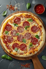 A delicious pepperoni pizza with basil and Parmesan cheese
