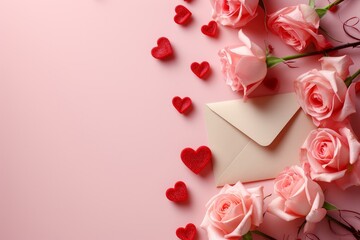 Pink roses and hearts on a pink background