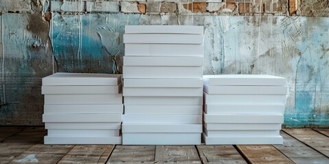 White cardboard boxes stacked in front of a blue painted brick wall