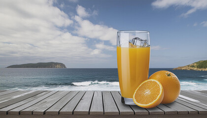 Orange juice in a glass on wooden table with sea and sky background