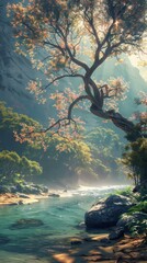 fantasy landscape with a pink tree and a river