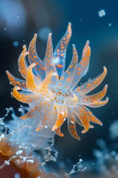 Underwater photography of a translucent orange-dotted white nudibranch