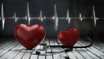 Red heart and stethoscope on wooden background. Cardiology concept.