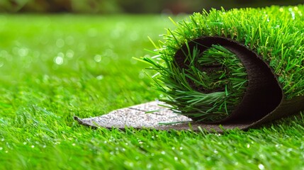 Artificial turf roll for sports field or lawn background, ideal for outdoor settings