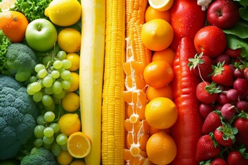 A variety of fruits and vegetables are arranged in a rainbow pattern. - Powered by Adobe