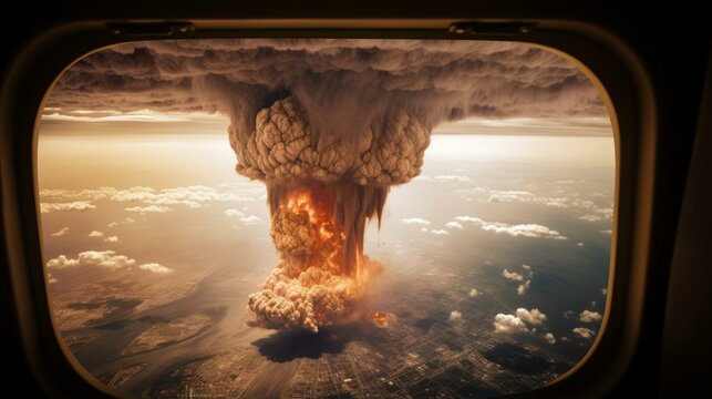 Mushroom cloud from a nuclear explosion seen from the window of an airplane