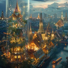 Naklejka premium Contained Urban Paradise Bangkoks Iconic Landmarks in a Glass Enclosure