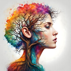 Colorful female portrait with tree brain, creative concept