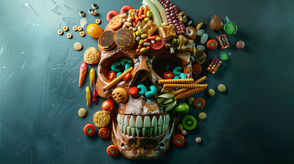 Naklejka premium Fast Food Skull: A Sinister Symphony of Junk Food