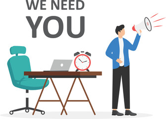 Businessman Holding Megaphone With word WE NEED YOU, Businessman working on the computers with one empty desk. Job vacancy, new recruitment

