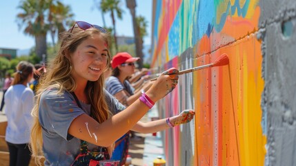 Naklejka premium Community Collaboration: Vibrant Street Art Project, generative ai
