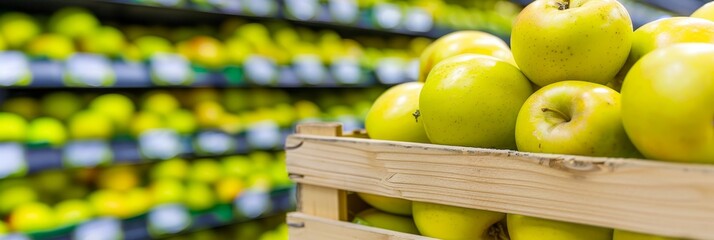 Ripe organic apples in wooden crates at warehouse with blurred background, copy space available