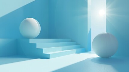 3D rendering of a blue room with a large sphere and a small sphere on a podium