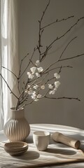 Delicate white cherry blossoms in a ceramic vase on a wooden table