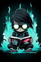 A hacker is reading a book about hacking. He is surrounded by green flames.