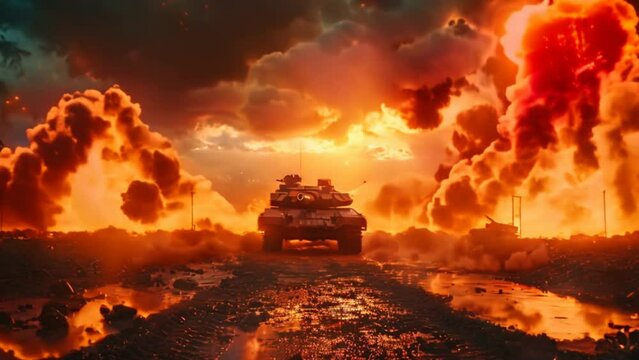 Armored tank crosses a mine field during war invasion epic scene of fire and some in destroyed city. 